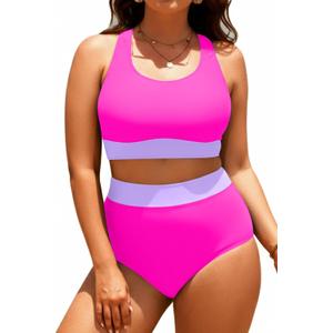 Aqua Eve Plus Size Two Piece High Waisted Bikini Swimsuits Scoop Neck Bikini Set Sporty Bathing Suits Hot Pink 18W