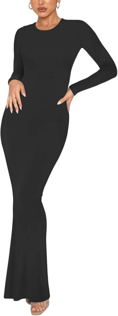REORIA Women's Sexy Casual Crew Neck Lounge Slimming Long Dress Elegant Wedding Guest Long Sleeve Ribbed Bodycon Maxi Dresses Black X-Small