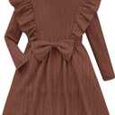 Girls Long Sleeve Ruffle Dresses Solid Ribbed Knit Fall Winter Dress for Toddler Casual Bowknot Dresses 2-6 Years (3-4T, Brown)