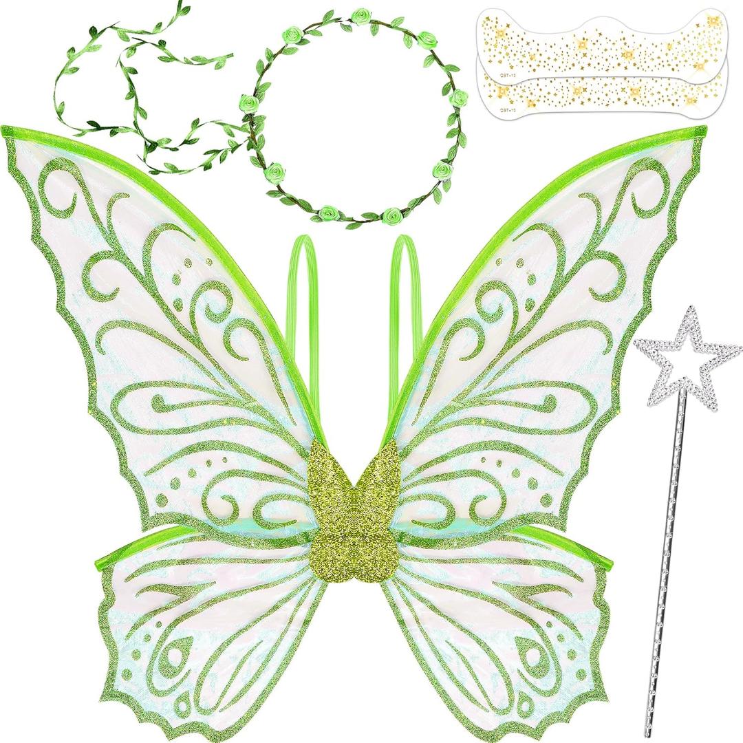 Fairy Wings Costume for Women, Sparkle Butterfly Angel Wings Halloween Costume Dress Up Cosplay Party Favor (Green)