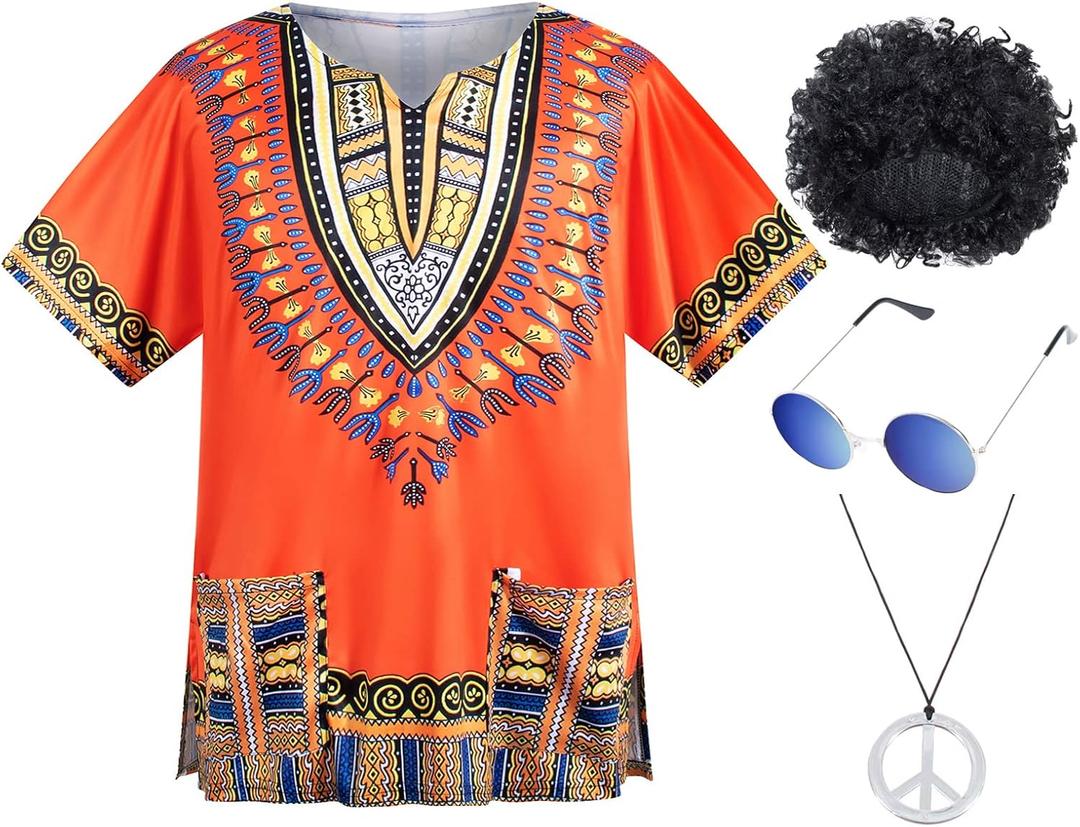 4 PCS Hippie Costume for Mens 60s 70s T-Shirt Afro Wig Accessories Set for Party Cosplay (X-Large, Orange)