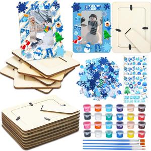 Gerrii 12 Sets Winter Picture Frames Craft DIY Wooden Photo Frame Painting Craft Kit 5 x 7 Inches with Stand Snowflake Sticker Painting Tool Set for Winter Party Favor Home Activity