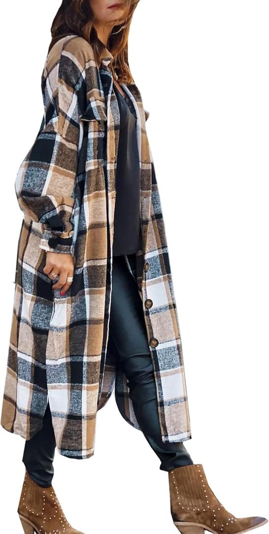SKIKYAN Women Fall Flannel Plaid Shacket Jacket Oversized Button Down Long Shirt Jacket (Small, Brown)