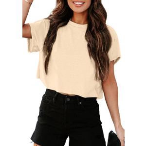 Tankaneo Women Short Sleeve Cropped T-Shirts Crew Neck Loose Crop Tops Summer Casual Drop Shoulder Basic Tees