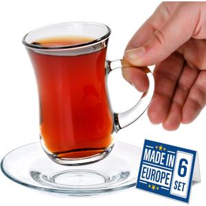 Volarium Small Turkish Tea Set 12 Piece Modern Turkish Tea Glasses & Saucers Set, 6 PCs 4.9 oz (145 cc) Clear Glass Tea Cups with Handle and 6PCs Glass Saucers