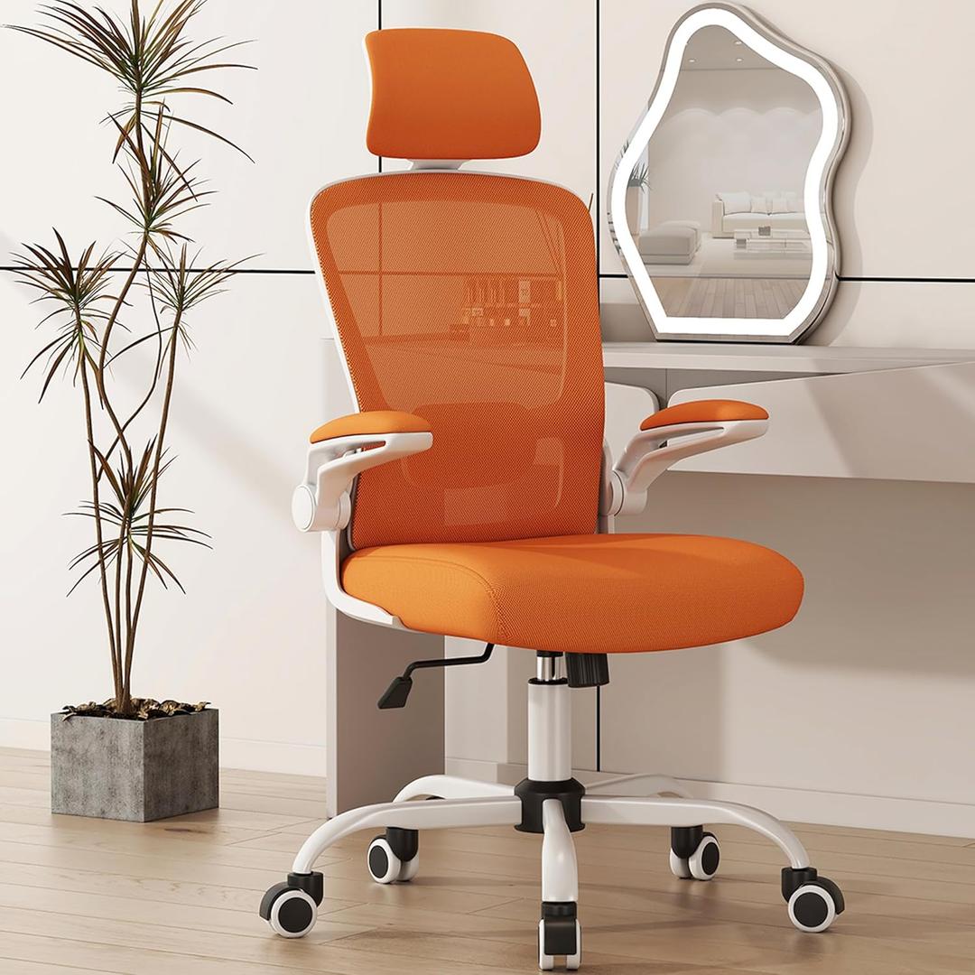 Mimoglad Office Chair, High Back Ergonomic Desk Chair with Adjustable Lumbar Support and Headrest, Swivel Task Chair with flip-up Armrests for Guitar Playing (Modern, Orange)