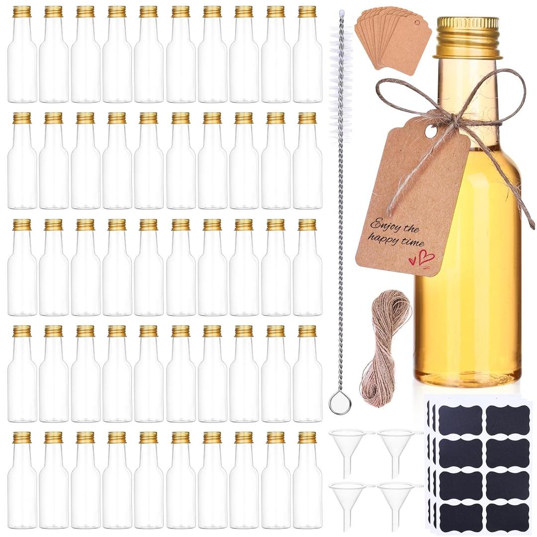 100 Pcs Mini Liquor Bottles, 1.7oz Shot Bottle with Caps 50ml Plastic Spirit Bottles, 4 Liquid Funnels, Kraft Tags, Brush and String, for Wedding, Baby Banquet, PartyGold Cap