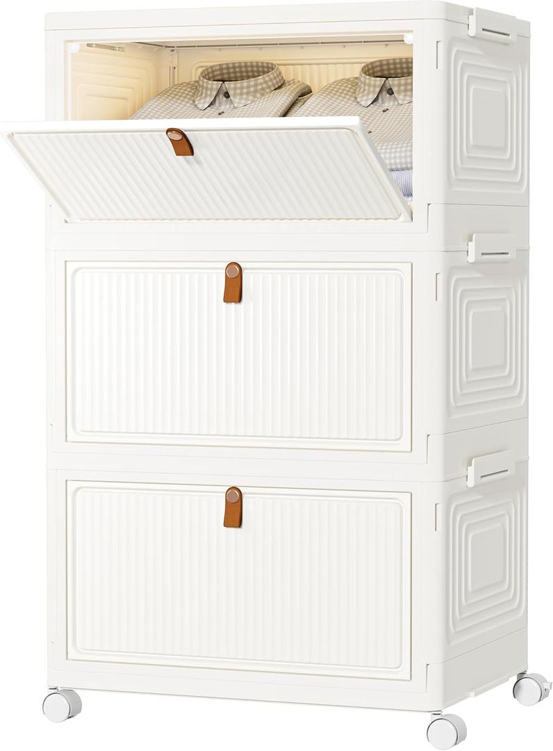 Closet Organizers and Storage 70Qt 3 Pack Stackable Storage Bins with 1 Lid Closet Organizer Boxes for Clothes Foldable Storage Box for Clothes/Office Supplies/Snacks(Milky)