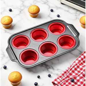 Silicone Muffin Pan Molds, 6 Cups Muffin Pans with Metal Frame, Muffin Pans for Baking, Non Stick Baking Tray for Ovens, Bakeware with Press to Release Design, Cake Pop Mold, Silicone Egg Molds, Red