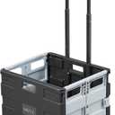 Folding Mobile Utility Cart, Black
Durable plastic, adjustable handle, 40 lb capacity, collapses to 3" thick for storage, rolling wheels for easy transport