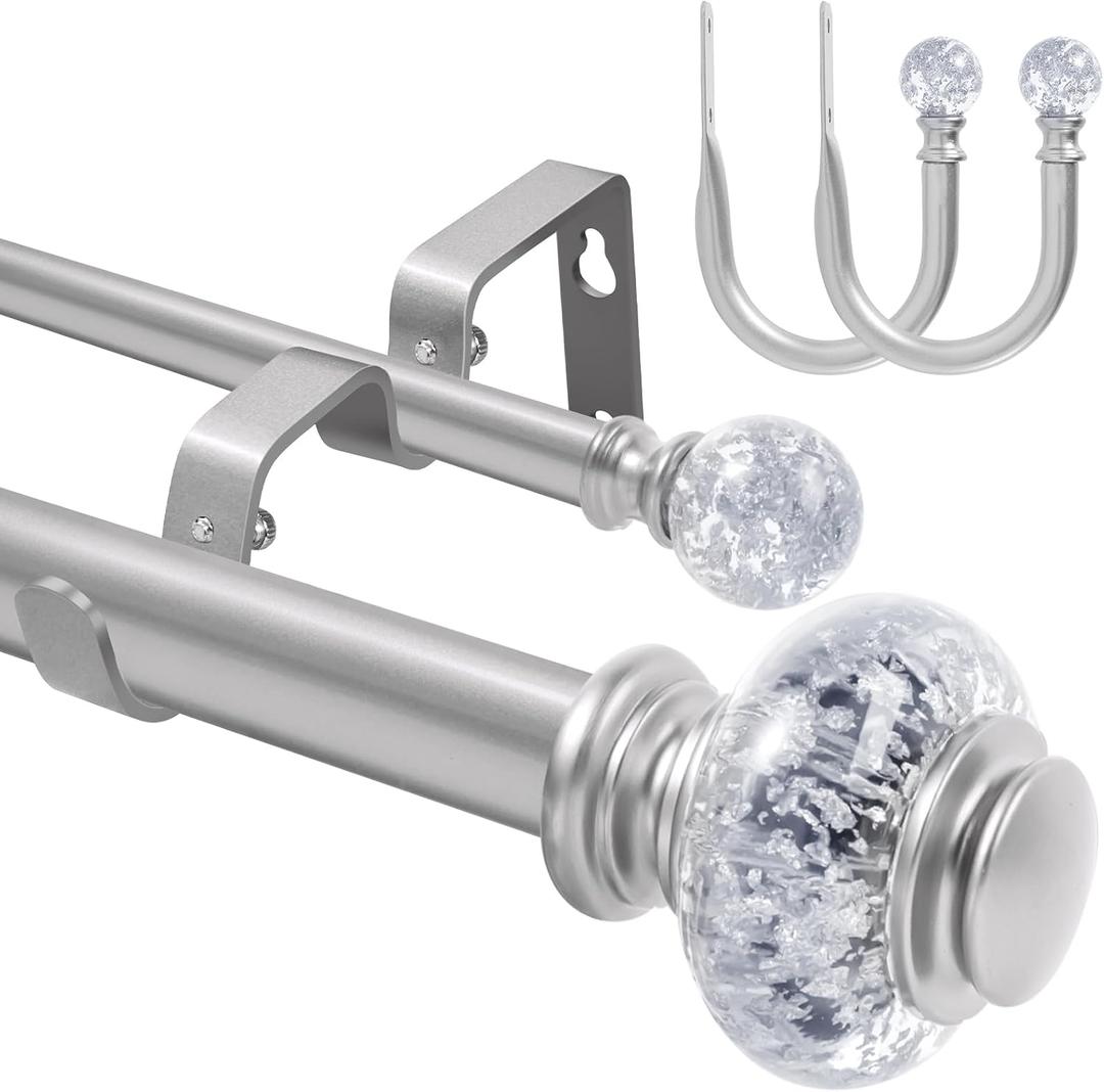 1 Inch Modern Silver Double Curtain Rod Set - Tension rods for windows 28 to 48 inchs with Holdbacks and Crystal Finials -BHSRODS Home Double Window Rods for Living Room & Bedroom