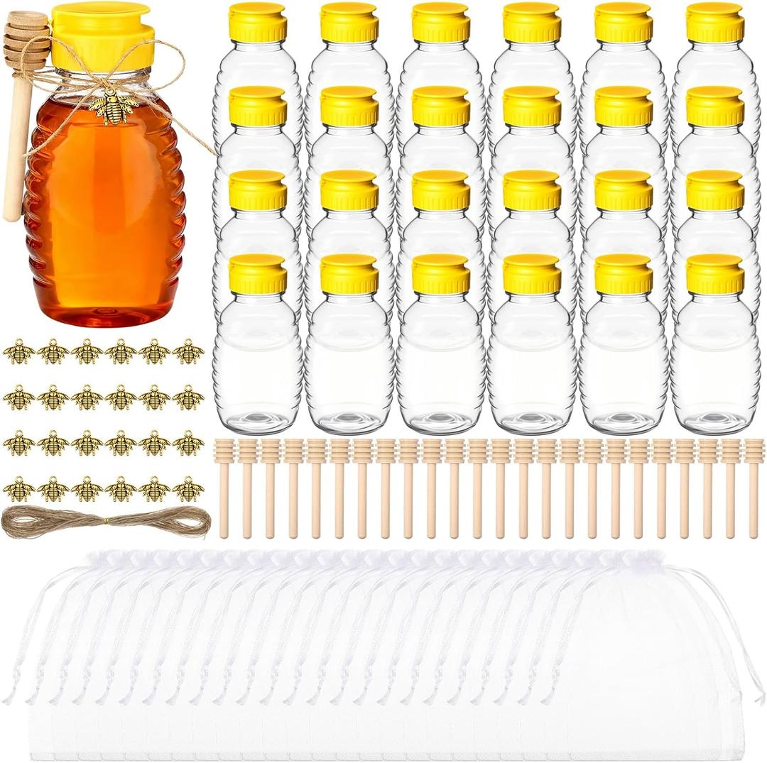 Floraltop 24 Pack Honey Bottles Small Honey Squeeze Bottle 8.8 oz Clear Plastic Jars with Leak Proof Lid and Wooden Dippers Container Empty for Storing Dispensing Party Favors Gifts