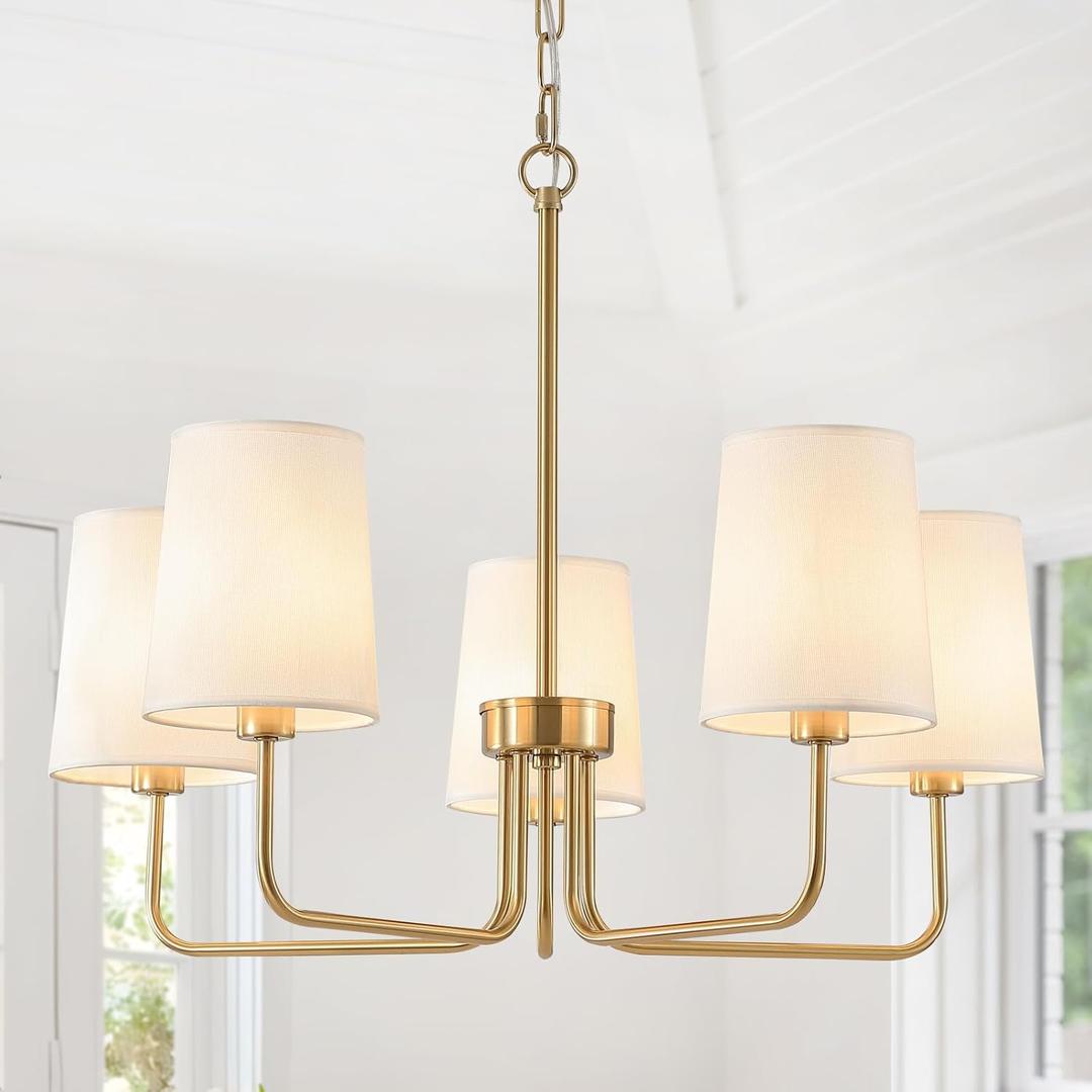 AMZASA Antique Brass Gold Chandelier with Shades, Electroplated Finish, 5 Light Modern Farmhouse Chandeliers with White Fabric Shade, Linear Island Chandelier Lights for Dining Room,Kitchen,Foyer