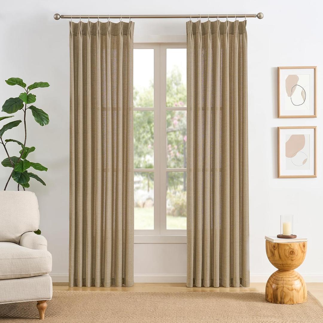 Dark Flax Pinch Pleated Linen Curtains 90 Inches Long Semi Sheer Memory Trained Ripple Fold Curtain with Hooks Back Tab Textured Light Filtering Drapes for Bedroom Living Room 42x90 Set of 2 