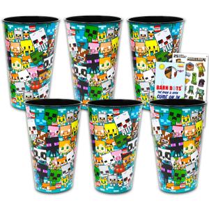 Minecraft Reusable Tumbler Cup Pack - Video Game Party Favor 6 Piece Bundle with 24 Oz Cups Plus Stickers, More | Bulk Minecraft Water Tumblers