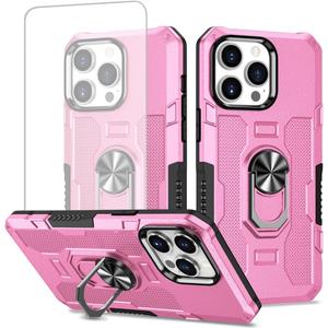 Case for iPhone 12 Pro Max Case with Tempered Glass Screen Protector, Heavy Duty Protection with Metal Ring Magnetic Kickstand Phone Cover for iPhone 12 Pro Max Pink