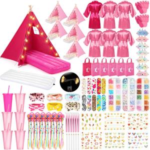 6 Set Sleepovers Teepee Tents Spa Party Robes Supplies Bulk with Inflatable Airbed and Light String, Party Supplies for Birthday Movie Spa Favors Gift Indoor Outdoor (Complete,5 Pink 1 Rose Red)