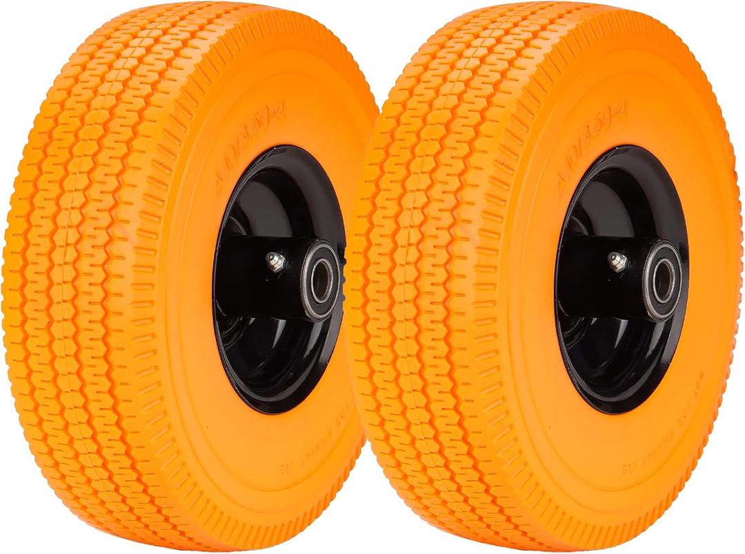 10" 4.10/3.50-4 Flat Free Tires Wheels with Rim Solid Tubeless Rubber for Hand Truck Trolley Garden Utility Wagon Cart Lawn Mower Wheelbarrow Generator with 5/8" Bushing, Orange(2 Pack)
