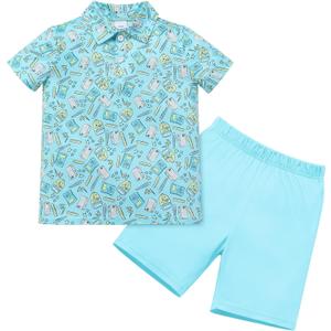 IMEKIS Toddler Kids Boys Back to School Outfit Buttons Shirt Top with Shorts Pencil Print Kindergarten Clothes 2-8T (Blue)
