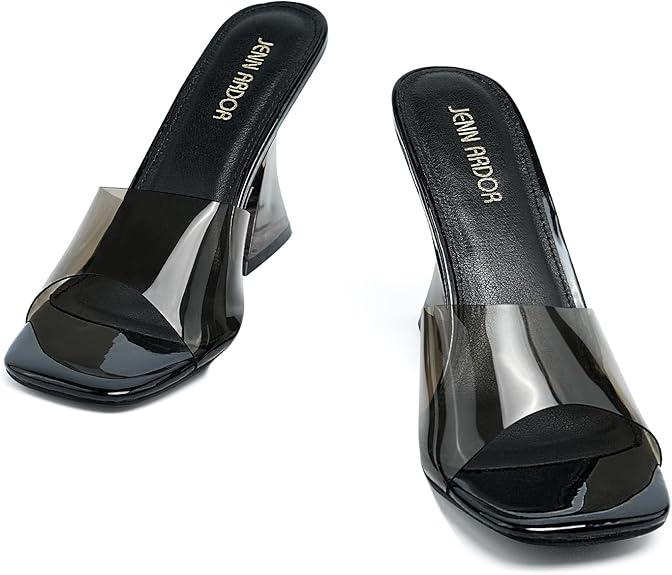 JENN ARDOR Clear Heels for Women Heeled Sandals Transparent Square Toe Chunky Heels Backless Womens Block Sandals Dress Pump Shoes Fashion, Black,  Size 7