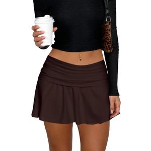 Hafailia Mini Skirt for Women - Casual Y2K Fold Over Low Waist Pleated Skorts Ruffle Skirts with Shorts Underneath Brown L
