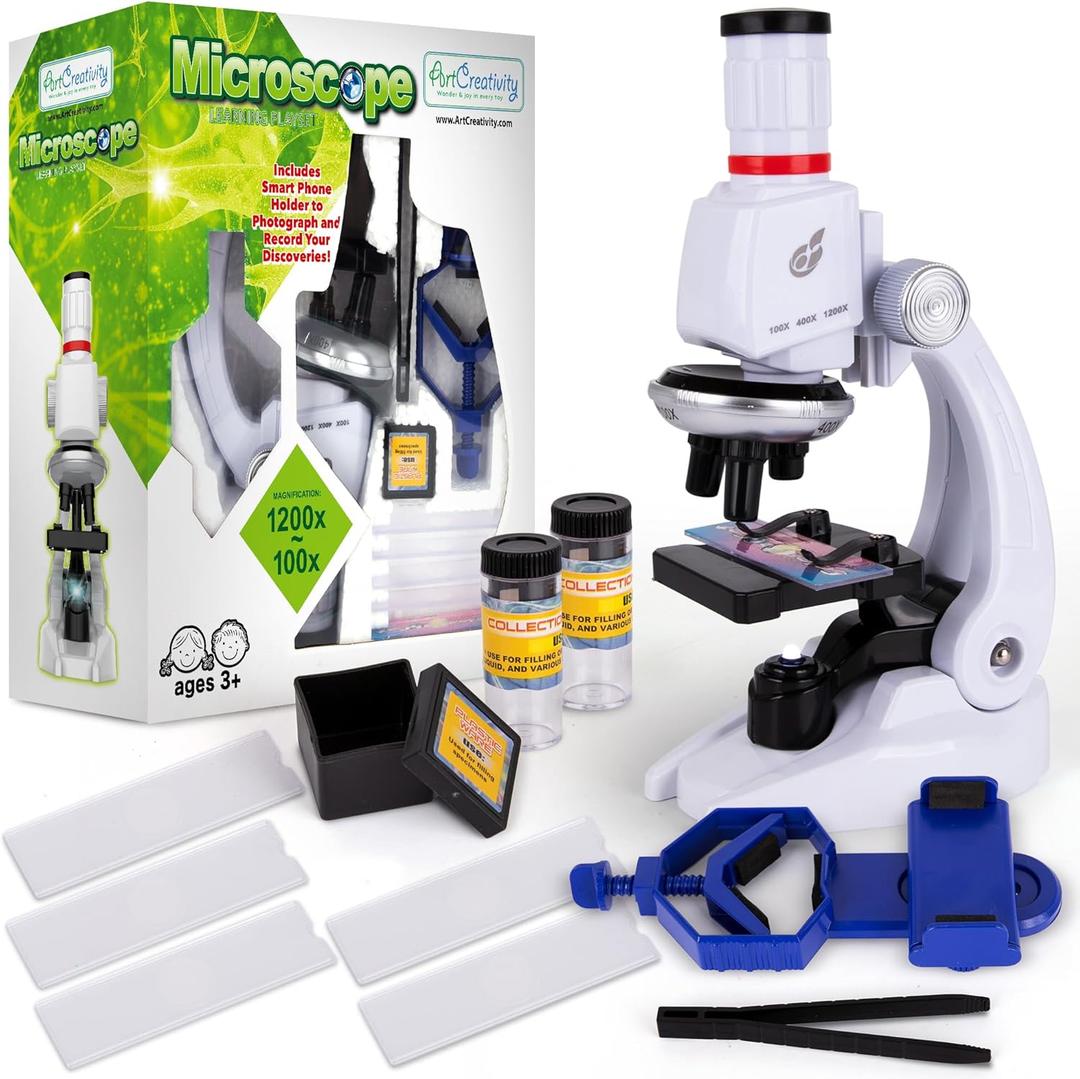 ArtCreativity Microscope for Kids (120X - 400X - 1200X) Educational Science Kit with Microscope, Slides, Tweezers, and Vials - Phone Viewing Mount for Specimen Pictures - Kids Beginner Science Kit