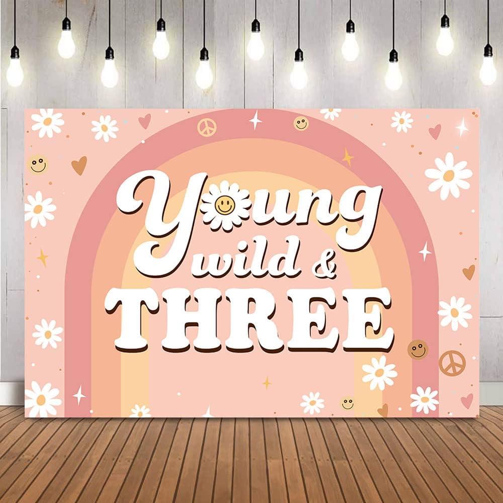 Young Wild and Three Backdrop Girl's 3rd Birthday Party Background Rainbow Daisies Pink Birthday Backdrop 70s Theme Party Decoration Supplies (7x5ft)