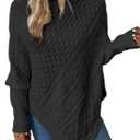 ZAFUL Women's Asymmetrical Turtleneck Poncho Sweaters Drop Shoulder Cable Knit Casual Pullover Sweater (Large, 1-black)