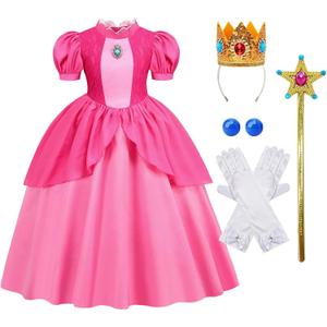 AmzMach Princess Peach Costume for Girls Classic Pink Dress Cosplay Halloween Party Dress Up Kids Birthday Outfit  (4-5 Years, Dress With Accessories)
