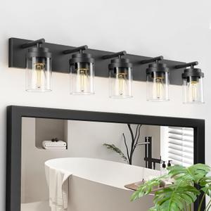 IZORRO Bathroom Vanity Light Fixture, 5-Light 36 Inch Matte Black Bathroom Light Fixtures Over Mirror, with Clear Glass Shade, Modern Farmhouse Vanity Lights, Rustic Restroom Lighting Fixtures
