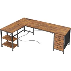 Huuger 55 Inch L Shaped Desk with Fabric Drawers, Reversible Computer Gaming Desk with Power Outlets and USB-C Port, Adjustable Side Storage Shelves, for Work Corner Home Office, Rustic Brown