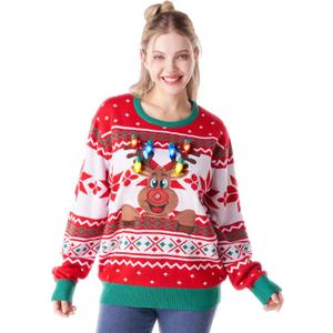 Giggling Getup Ugly Christmas Sweater for Women, LED Light Up Christmas Reindeer Ugly Sweater, Holiday Pullover for Women Red