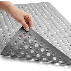 GORILLA Grip Patented Bath Tub Shower Mat, Machine Washable Bathtub Floor Liner Mats, Suction Cups and Drain Holes to Keep Tubs Clean, Soft on Feet, Bathroom Essentials, 35x16 Inch, Gray Opaque (Gray (Opaque))