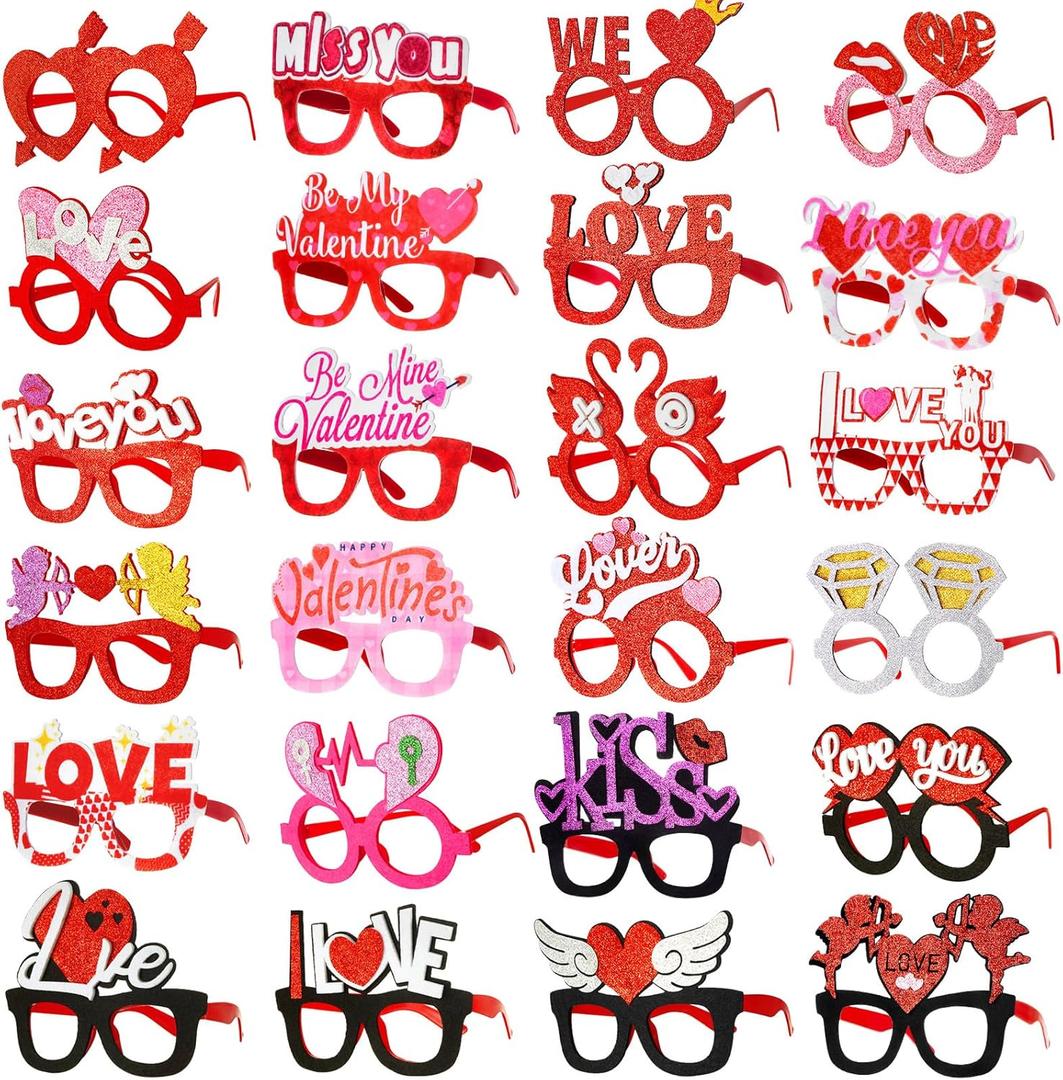 Amylove 24 Pairs Valentines Day Glasses Heart Sunglasses Eyewear Photobooth Props with Flamingo Crown Designs for Galentines Valentines Bachelorette Wedding Celebration Party Favorse