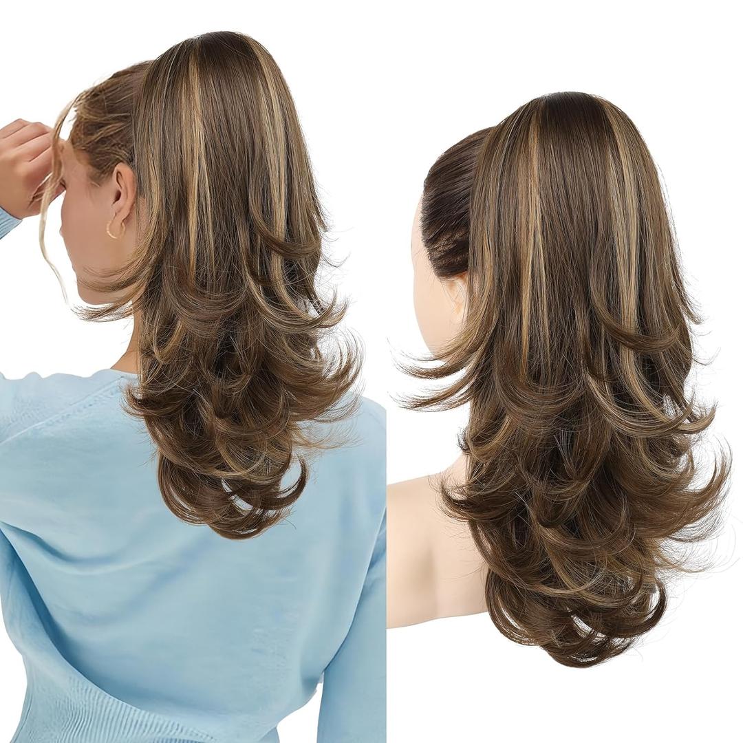 LONAI Ponytail Extension for Women, 18 Inch Layered Wavy Pony Tail Hair Extensions, Natural Drawstring Ponytail Synthetic Hairpiece for Daily Wear (Deep Brown with Blonde)