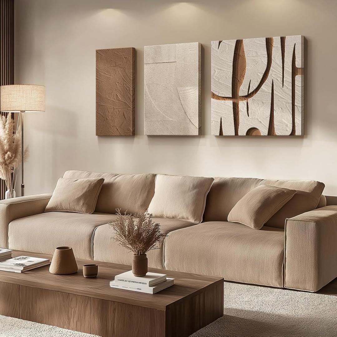 Abstract Canvas Wall Art 3 Piece Neutral Artwork for Living Room, Modern Large Minimalist Brown Beige Art Wall Decor, Wabi Sabi Wall Art Painting Prints for Bedroom Office (24" H x 52" W)