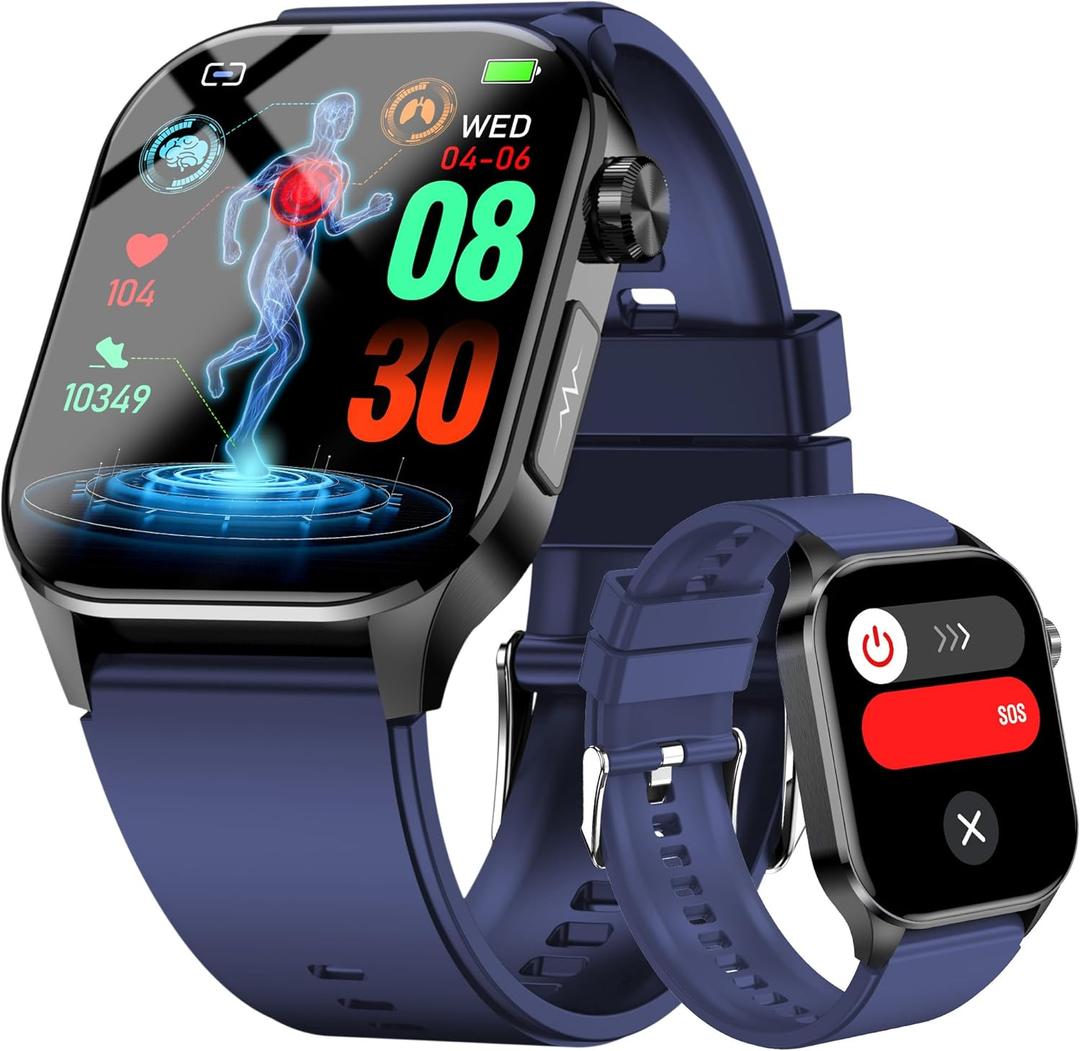 Advanced Health Smartwatch for Women Men with Real-Time Monitoring of Heart Rate, Blood Oxygen, Body Temperature, Blood Pressure, Sleep Quality and Stress Levels.Always-On Display (Blue)