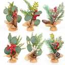 6 PCS Rustic Mini Christmas Tree Tabletop Set, Mixed Green Leaves, Red Berries and Pine Cones, 9 inch Artificial Trees with Burlap Bases, Ideal for Holiday Home Office Table Centerpiece