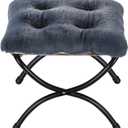15" Foldable Foot Stool Ottoman with Metal Frame - Washable Faux Fur Navy Upholstered Indoor/Outdoor Footrest for Living Room, Bedroom, Patio - Space-Saving Compact Design, Small