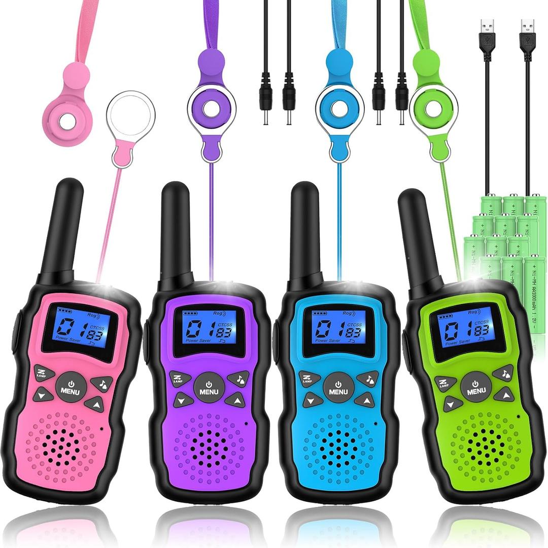 Wishouse Walkie Talkies Rechargeable for Kids Adults Long Range,Xmas Birthday Gift for Boys Girls 3 4 5 6 7 8 9 10 Year Old,Hiking Camping Gear Games Ideas Toys with Flashlight,VOX,Easy to Use 4 Pack (Pink Purple Blue Green)