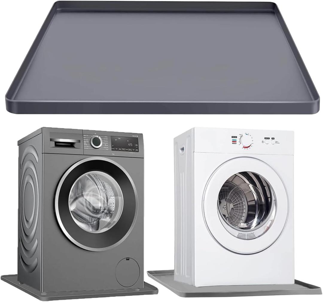 Washing Machine Drain Pan Washer Silicone Mat, Washer Tray Soft Bottom Pad Under Dryer Drip Pan Floor Protector, 27x27 Inch Non-Slip Leak Pan Anti-Vibration Waterproof Washer Drip Tray (Gray)