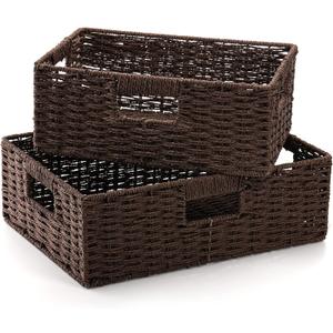 TOPZEA 2 Pack Brown Wicker Storage Basket for Shelves, Hand Woven Paper Rope Shelf Basket, Pantry Organization Baskets with Handle, Decorative Closet Organizer Bins for Kitchen, Bathroom, Coffee Bar