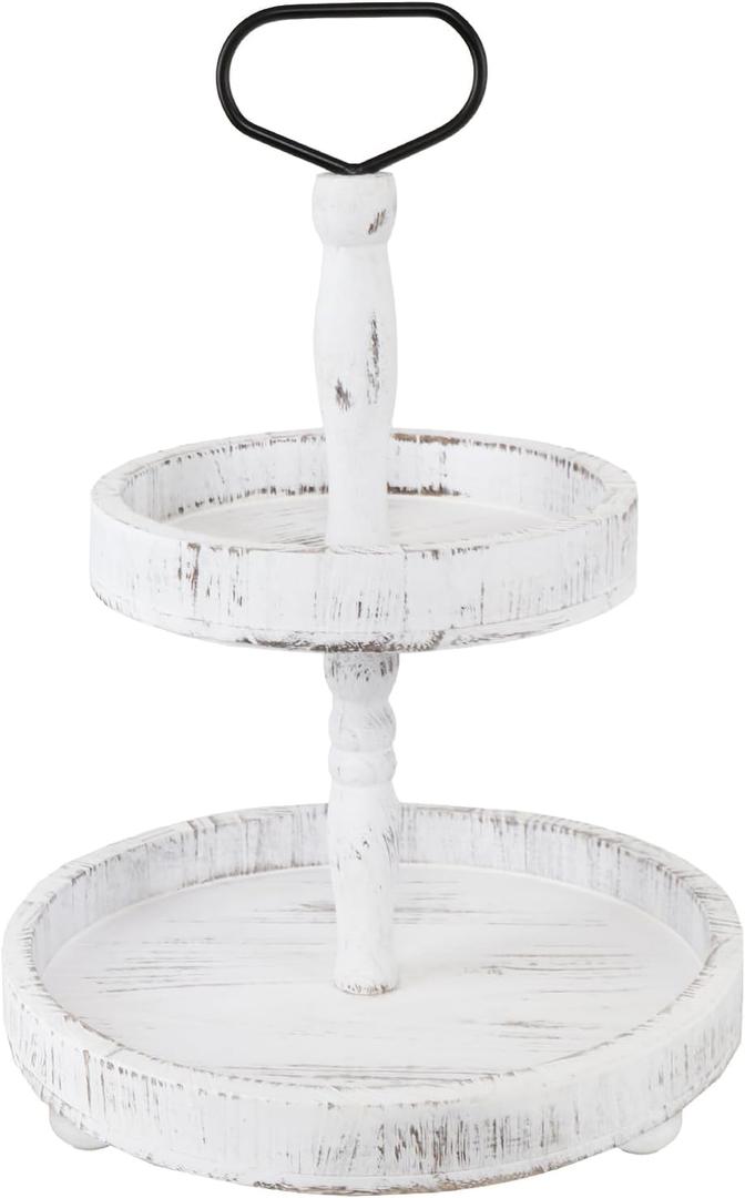 2 Tiered Tray Rustic Farmhouse Decorative Tray Stand Wooden Round Serving Trays for Coffee Food Home Table Decor Holiday Display Vintage Christmas Decors (White)