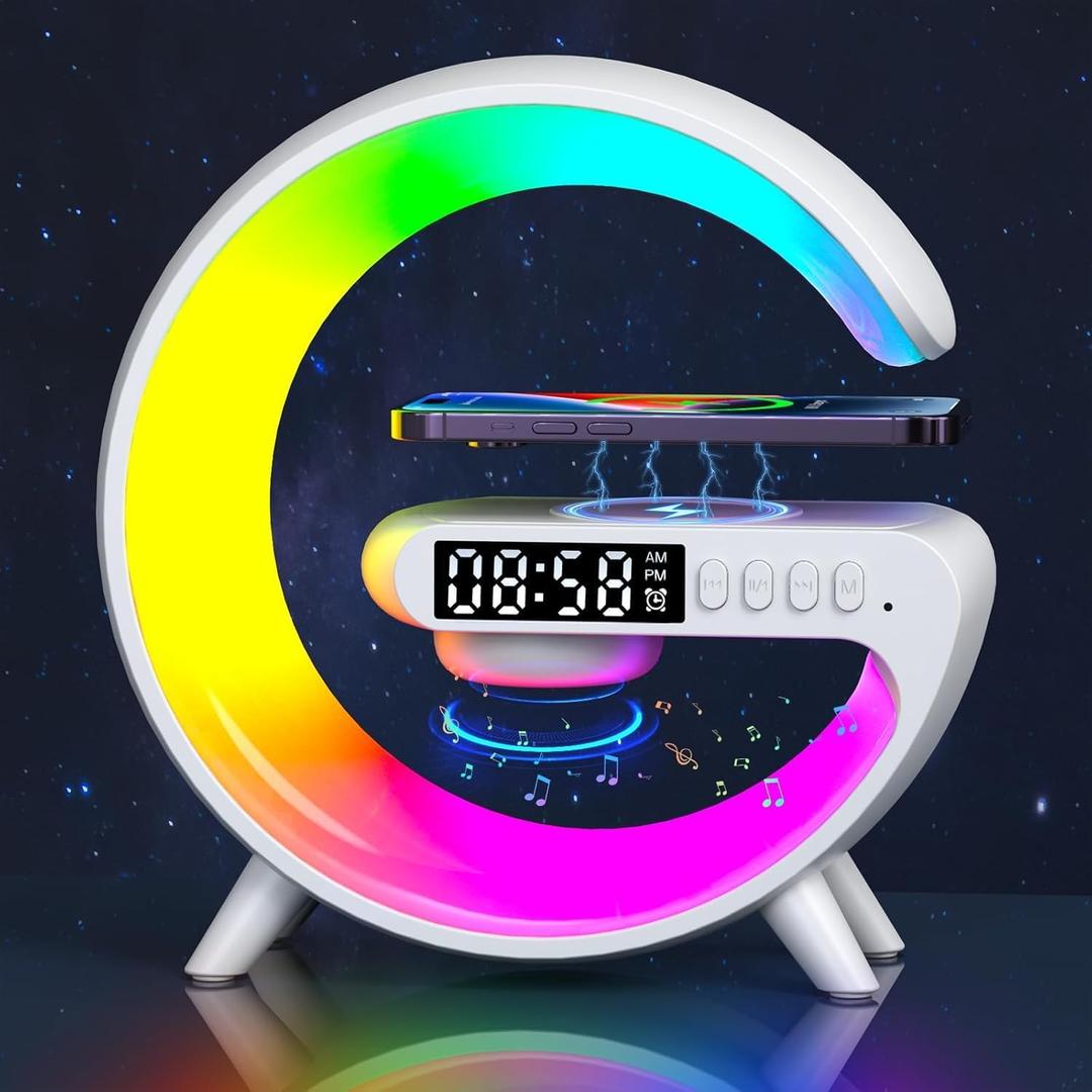 Mini Wireless Speaker with Atmosphere Light, Wireless Charging, Alarm Clock and Bedside Lamp (White)