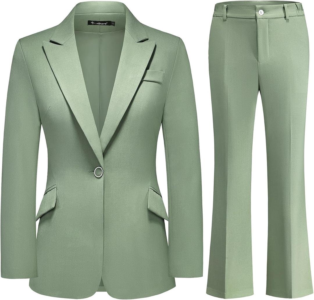 Women's Suit 2 Piece Set Pinstripe Blazer and Bootcut Dressy Pants Set for Work Office Business Outfits (Large, Green)