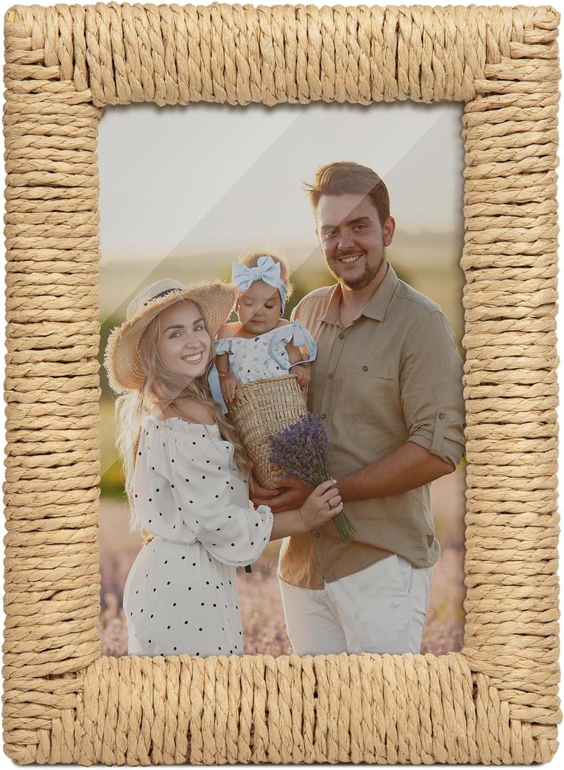 takfot Boho 5x7 Picture Frame, Natural Boho Rattan Photo Frame with Real Glass Paper Rope for Wall and Tabletop Display Gift for Mom Grandma Family Friends