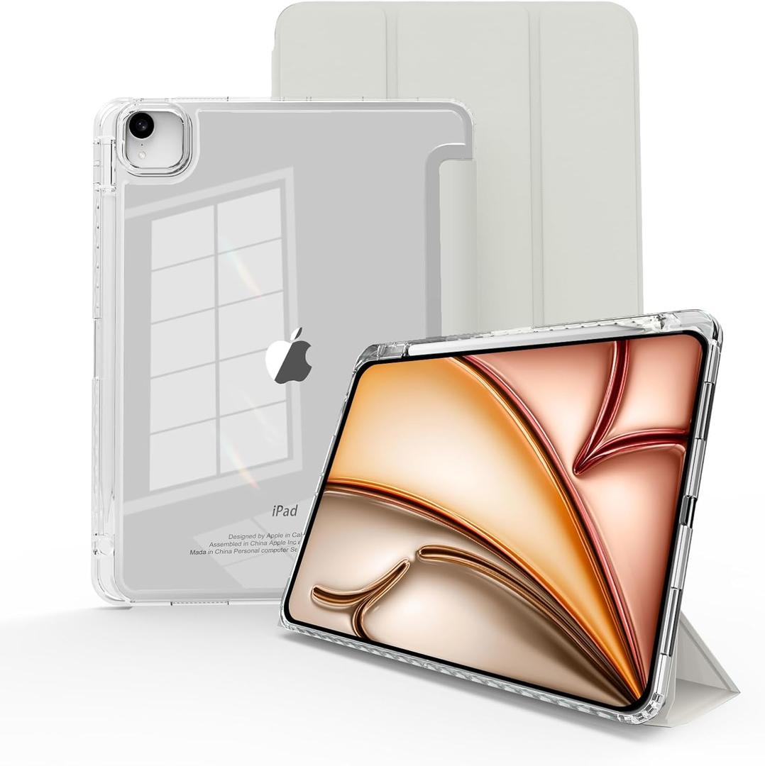 MYGROO case for iPad Air 13inch M2/3 2024/2025,for iPad Pro 12.9 Case 2022(6th Generation) with Pencil Holder,Trifold Stand with Clear Shell for iPad case Air13 Transparent,Creamy White