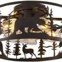 Farmhouse Caged Ceiling Fans with Lights and Remote Control,Rustic Black Chandelier Fan with Bear Deer Design,Flush Mount Low Profile Fandelier for Bedroom,Dining Living Room,Foyer