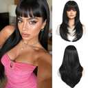 Black Wig with Bangs Long Black Wigs for Women Straight Wig Layered Synthetic Wig Womens Long Hair Wig Cosplay Natural Looking Hair Replacements Wigs for Girls Daily Party Use 24 Inch