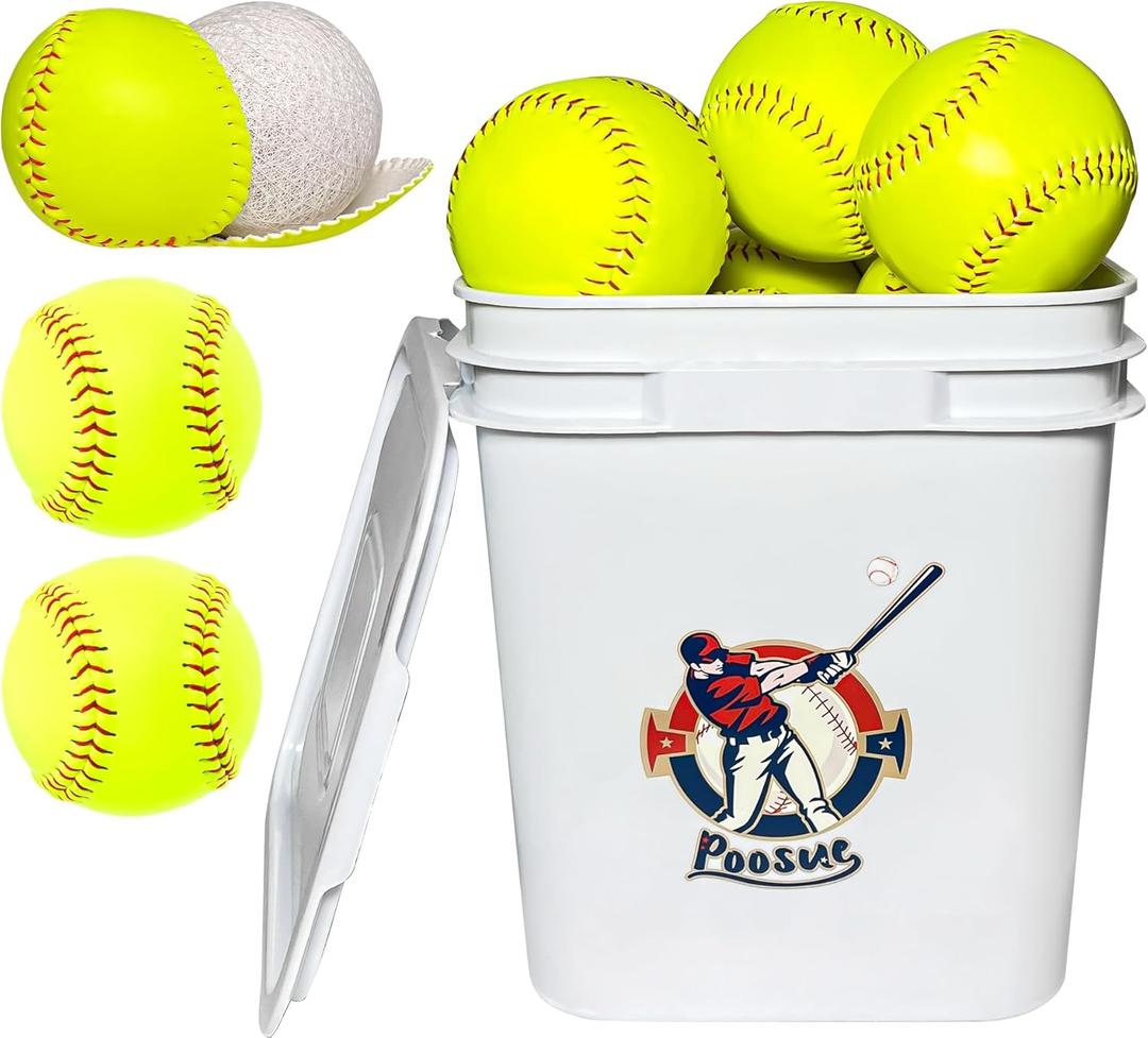 Bucket of 13 Practice Softballs, Official Size and Weight Slowpitch Softball Unmarked Leather Covered Youth Fastpitch Ball Sports Ball for Games, Practice and Training, Yellow